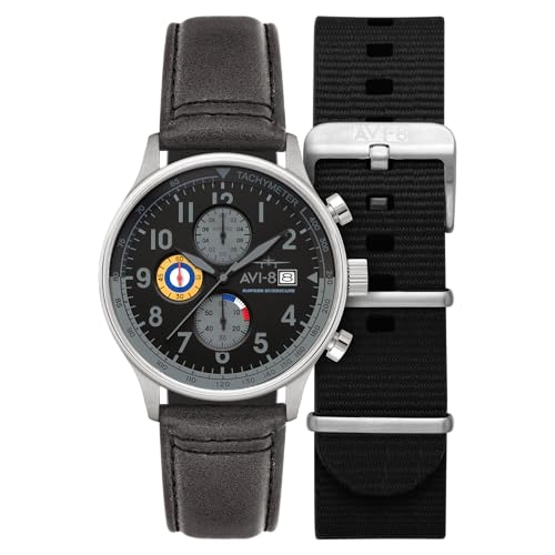 AVI-8 Men's 43.5mm Hawker Hurricane Classic Chronograph Grey Black Watch with Leather Strap AV-4011-0U - Image 1