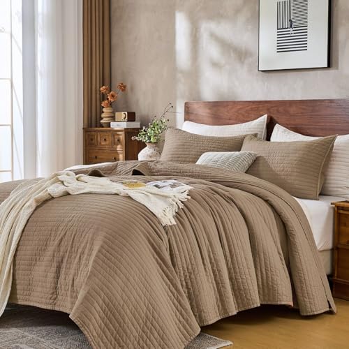 DOWN HOME Queen Quilt Bedding Set with Shams, Vintage Washed Soft Quilted Blanket Thin Comforter Lightweight Bedspread Coverlet Bed Cover, Brushed Microfiber Stripe Stitching, Brown, 86"x90" - Image 1