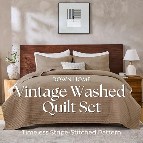 DOWN HOME Queen Quilt Bedding Set with Shams, Vintage Washed Soft Quilted Blanket Thin Comforter Lightweight Bedspread Coverlet Bed Cover, Brushed Microfiber Stripe Stitching, Brown, 86"x90" - Image 2