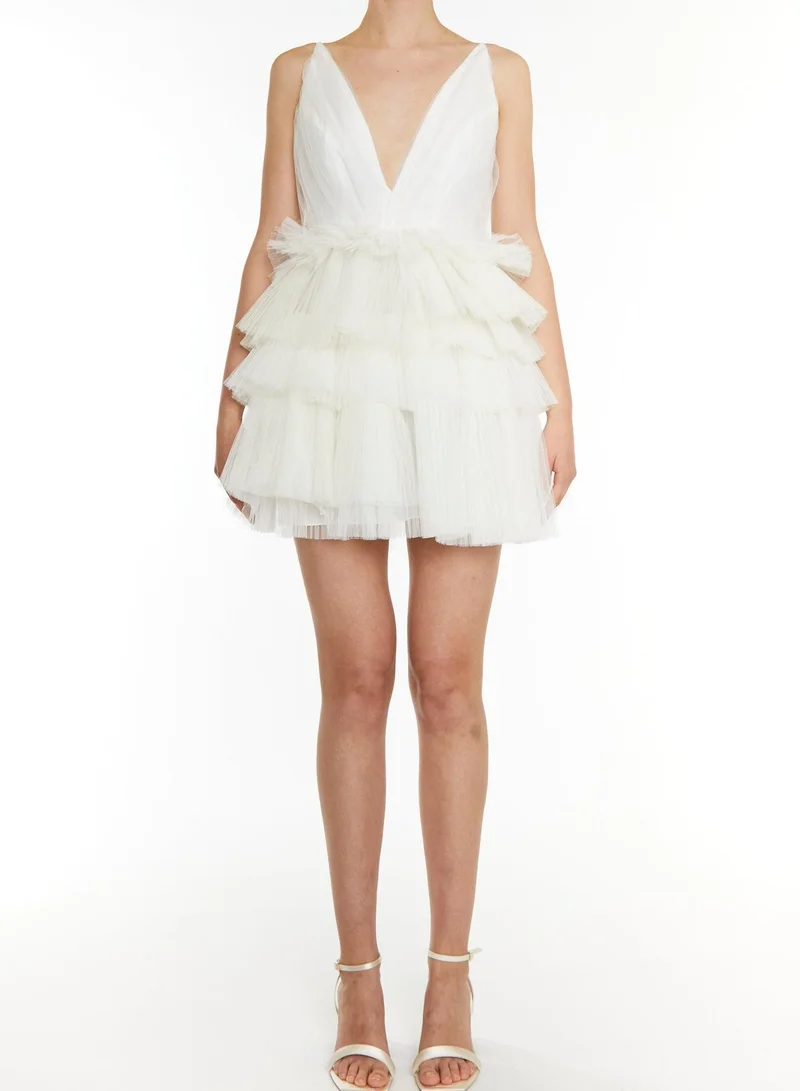 True Decadence White Gia Plunge Front Tiered Mini Dress