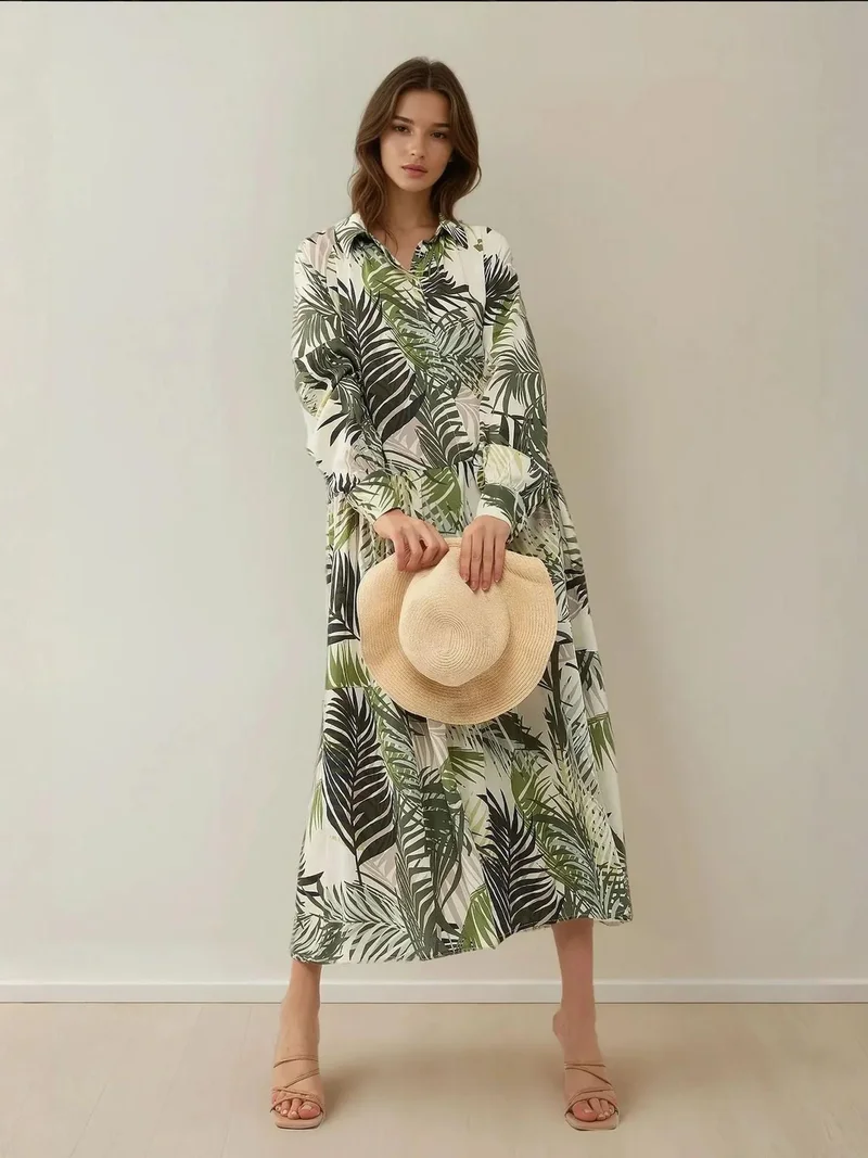 زوبعة فستان ماكسي بنقشة زهور وياقة قميص