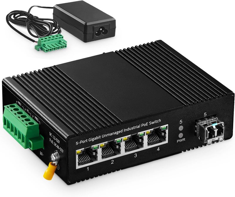 Binardat 5 Port Gigabit PoE Din Rail Industrial Ethernet Switch, 4 PoE IEEE802.3af/at, 1 SFP Port with 20km LC Module, with One 60W PoE Power Supply - Image 1