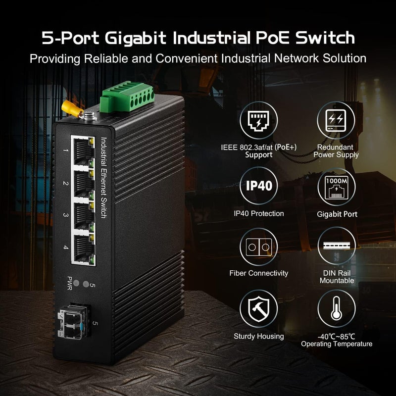 Binardat 5 Port Gigabit PoE Din Rail Industrial Ethernet Switch, 4 PoE IEEE802.3af/at, 1 SFP Port with 20km LC Module, with One 60W PoE Power Supply - Image 2