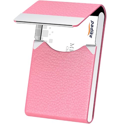 Padike Professional Business Card Holder PU Leather Business Card Case Name Card Holder Slim Metal Pocket Card Holder with Magnetic Shut (Pink) - Image 1