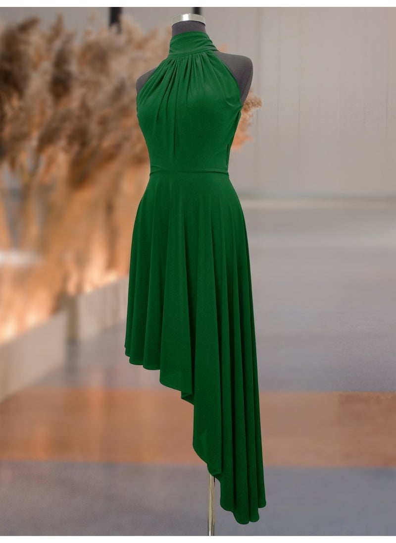 Due Stelle Green Asymmetrical Skirted Backless Flared Dress  - Image 1