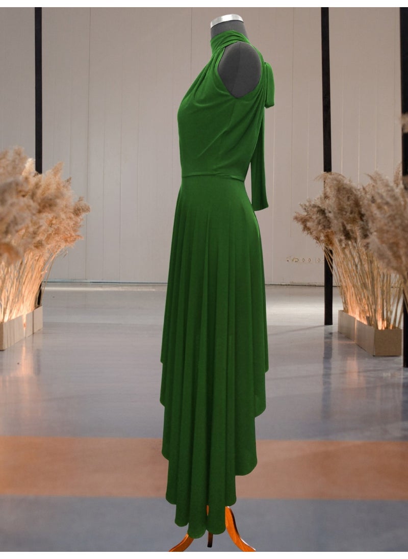 Due Stelle Green Asymmetrical Skirted Backless Flared Dress  - Image 2