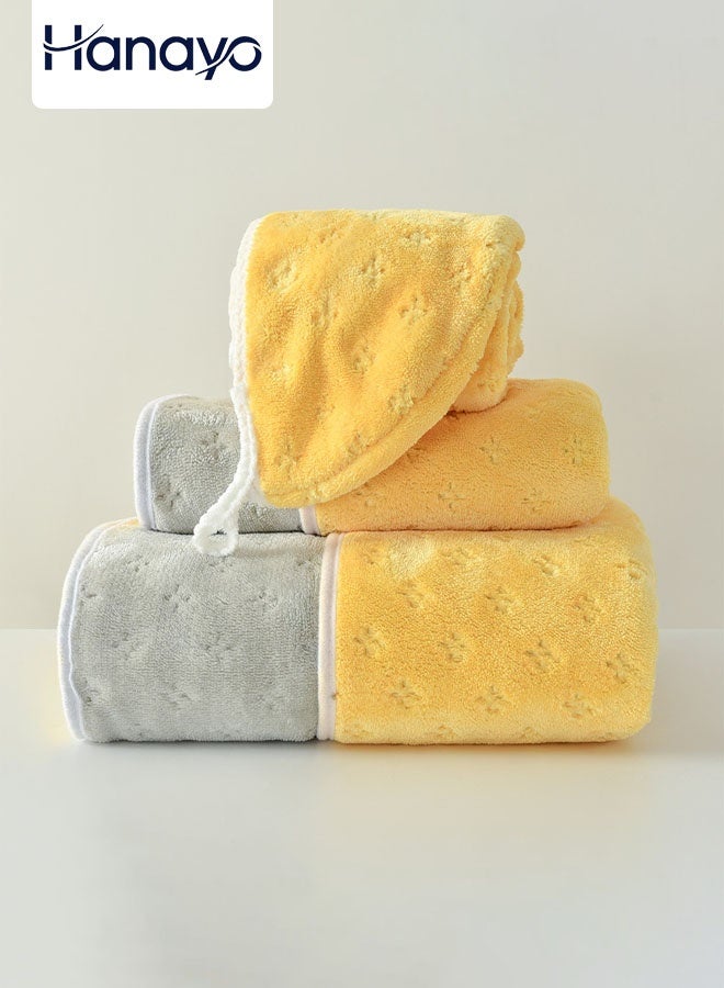 Hanayo مجموعة مناشف 3 قطع لحمام الوجه والشعر ومناشف الاستحمام ناعمة وسريعة الامتصاص وصديقة للبشرة وناعمة تشمل منشفة الاستحمام ومنشفة الوجه ومنشفة الشعر (أصفر + رمادي) - Image 1