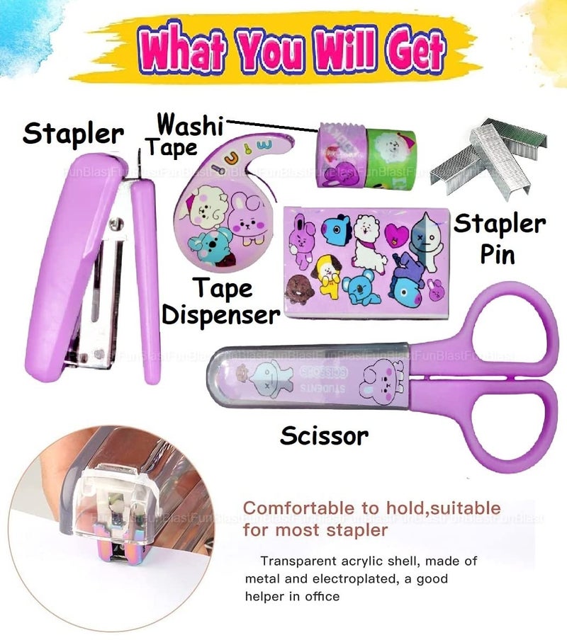 FunBlast Cartoon Stationery Set – Kawaii Stapler with Scissor, Washi Tape for Office, School, Home, Portable Mini Size Stapler with 400 Staples Blister, Staplers Machine for Paper (Purple) - Image 3