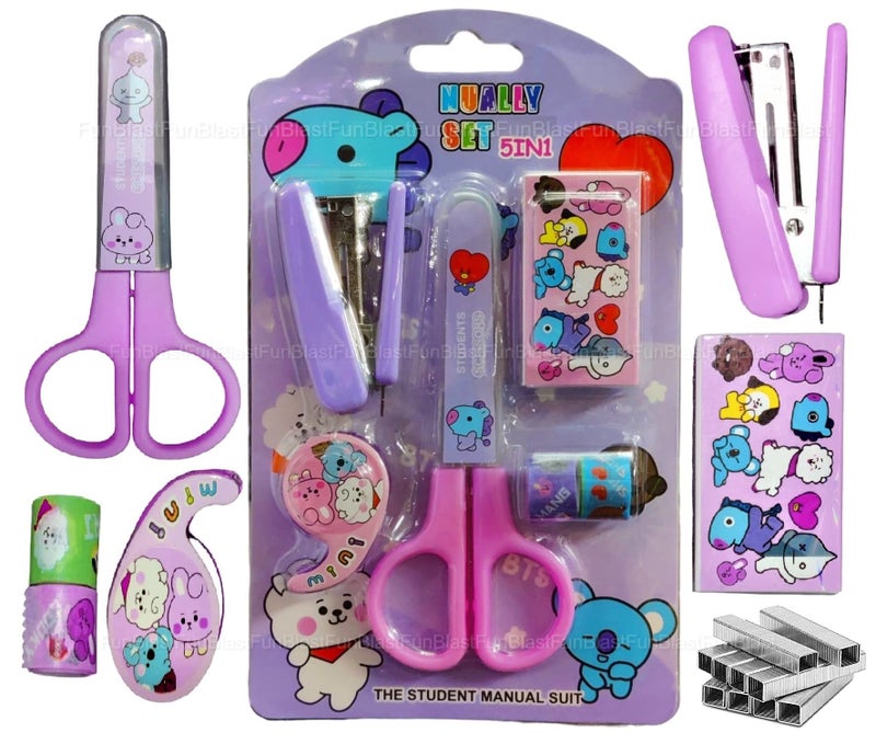 FunBlast Cartoon Stationery Set – Kawaii Stapler with Scissor, Washi Tape for Office, School, Home, Portable Mini Size Stapler with 400 Staples Blister, Staplers Machine for Paper (Purple) - Image 1