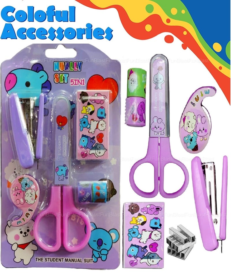 FunBlast Cartoon Stationery Set – Kawaii Stapler with Scissor, Washi Tape for Office, School, Home, Portable Mini Size Stapler with 400 Staples Blister, Staplers Machine for Paper (Purple) - Image 2