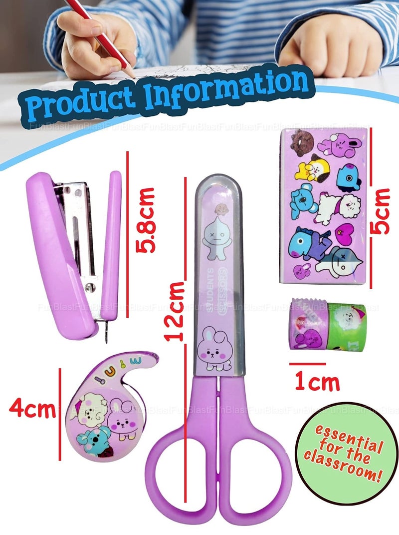 FunBlast Cartoon Stationery Set – Kawaii Stapler with Scissor, Washi Tape for Office, School, Home, Portable Mini Size Stapler with 400 Staples Blister, Staplers Machine for Paper (Purple) - Image 4