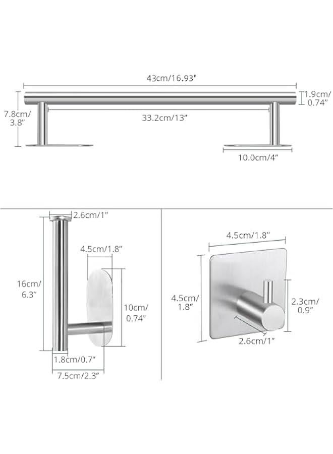 HOOKOR Adhesive Towel Bar 5 Pcs Self Adhesive Bathroom Hardware Accessory Kit ， Towel Hook Stainless Steel Wall Mount Towel Holder(NO Drilling) (Sliver) - Image 3