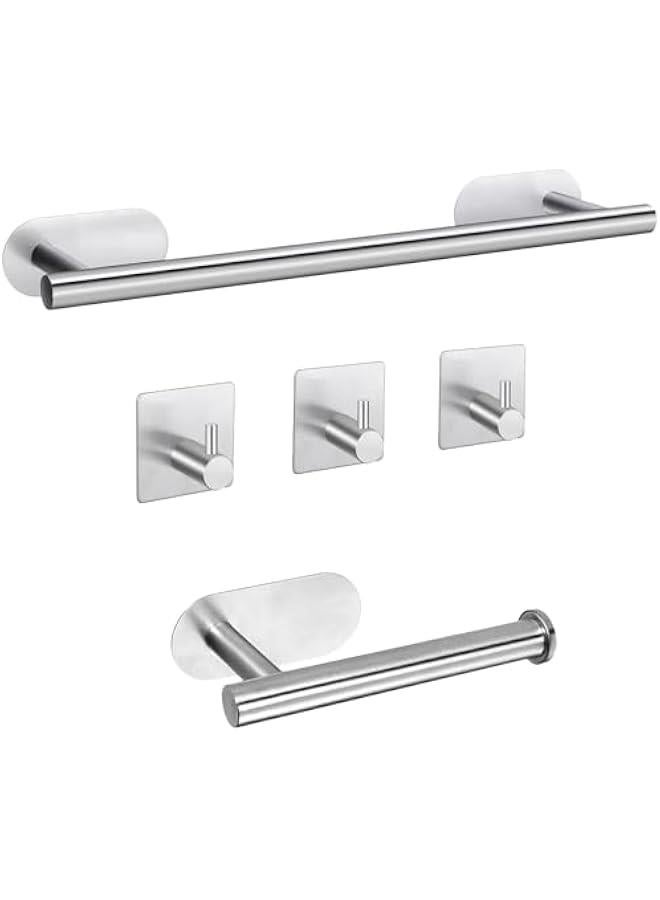 HOOKOR Adhesive Towel Bar 5 Pcs Self Adhesive Bathroom Hardware Accessory Kit ， Towel Hook Stainless Steel Wall Mount Towel Holder(NO Drilling) (Sliver) - Image 1