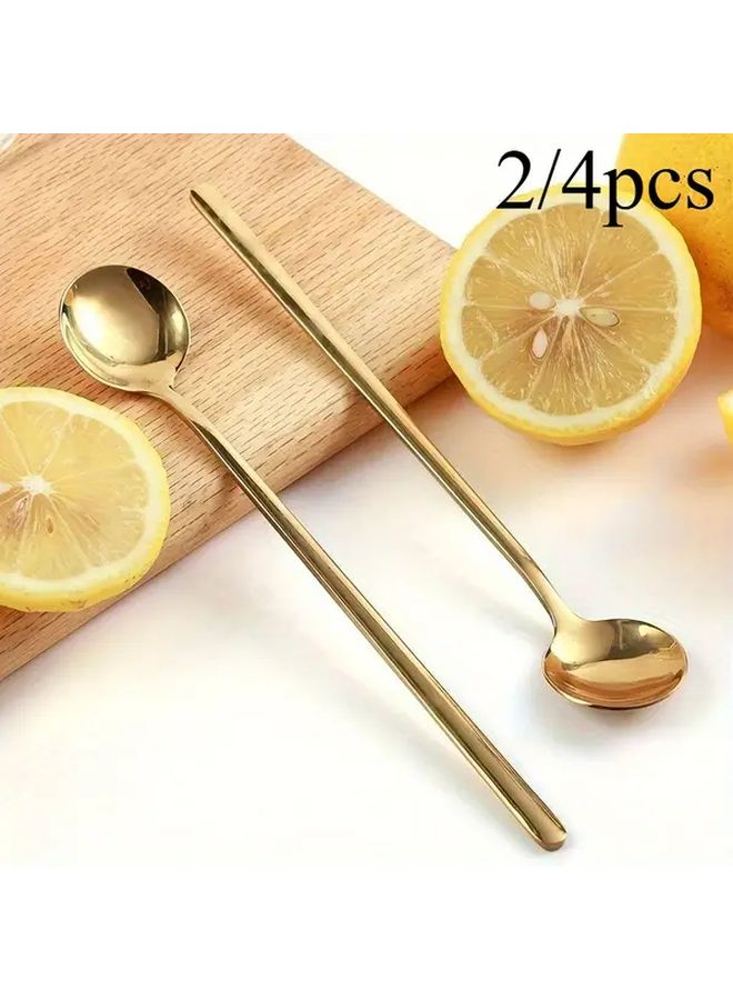 4pc Gold Stainless Steel Coffee Spoons Long Handle Round Dessert Spoon Dishwasher Safe - Image 1
