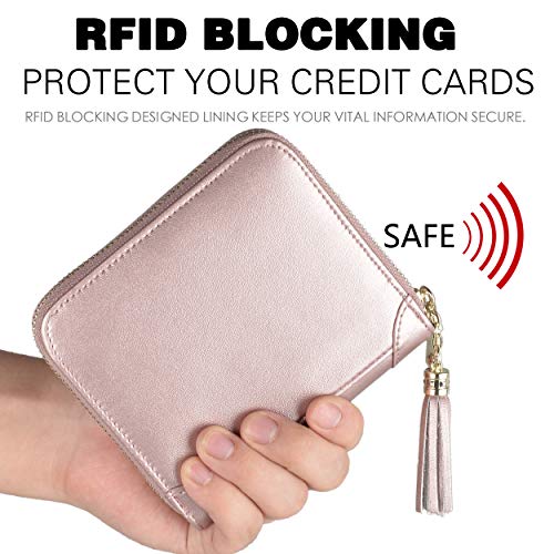 Easyoulife Womens Credit Card Holder Wallet Zip Leather Card Case RFID Blocking (Rose Gold) - Image 4