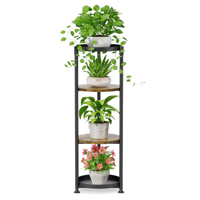 iDavosic.ly 4 Tier Corner Plant Stand Indoor, 45 Inch Tall Vertical Metal Flower Heavy Duty Pot Holder Shelf Outdoor for Patio Porch Living Room, Modern Black & Rustic Brown - Round - Image 1