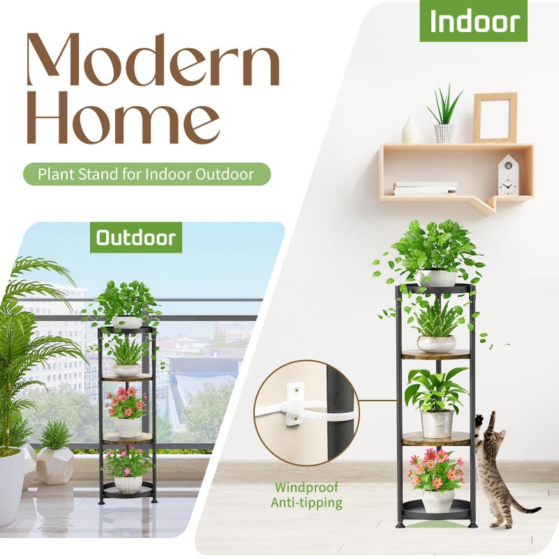 iDavosic.ly 4 Tier Corner Plant Stand Indoor, 45 Inch Tall Vertical Metal Flower Heavy Duty Pot Holder Shelf Outdoor for Patio Porch Living Room, Modern Black & Rustic Brown - Round - Image 4