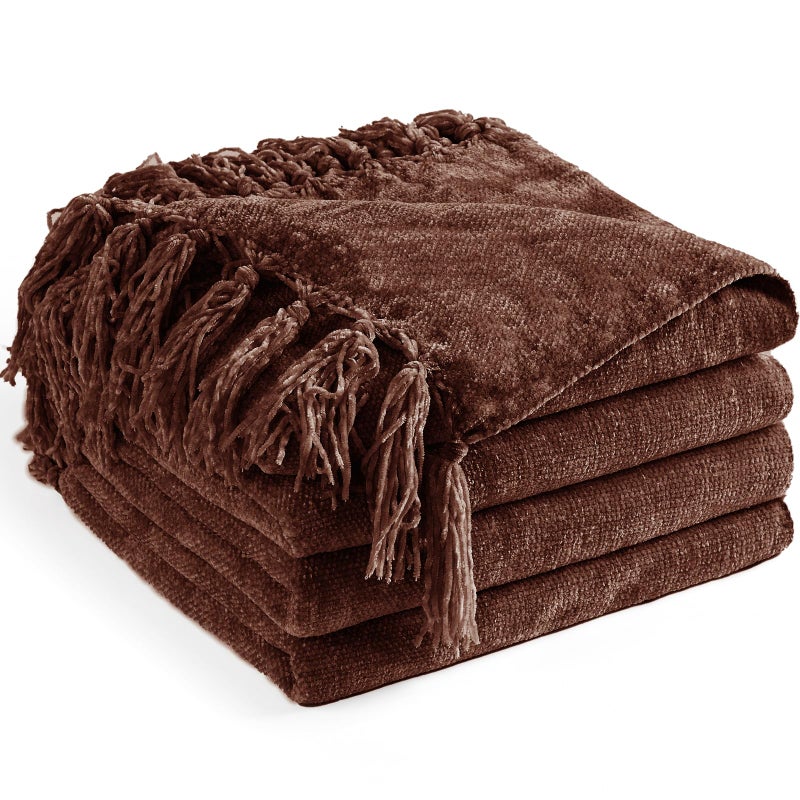 LONG CREATE Chenille Throw Blanket for Couch 50X 60 Soft Cozy Throws with Fringe Tassel for Bed Sofa Chair Cover Lightweight Knitted Decorative Boho Blankets for Living Room Dark Brown