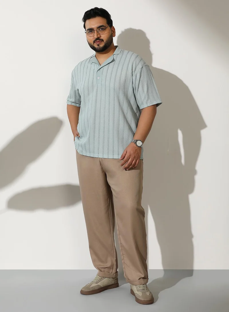 Instafab Plus Men Wicker-Tactile Polo T-Shirt | Cuban-Polo Neck, Short Regular Sleeves | Half-Button, Straight Hem | Solid Jacquard Knitted Fabric For Casual & Daily | Mint Green