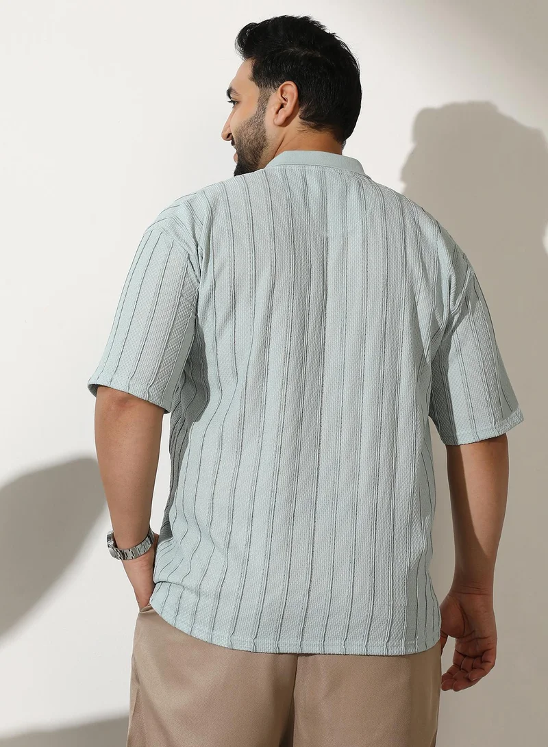 Instafab Plus Men Wicker-Tactile Polo T-Shirt | Cuban-Polo Neck, Short Regular Sleeves | Half-Button, Straight Hem | Solid Jacquard Knitted Fabric For Casual & Daily | Mint Green