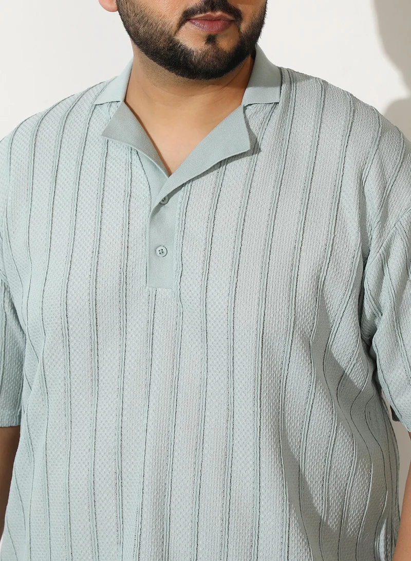Instafab Plus Men Wicker-Tactile Polo T-Shirt | Cuban-Polo Neck, Short Regular Sleeves | Half-Button, Straight Hem | Solid Jacquard Knitted Fabric For Casual & Daily | Mint Green