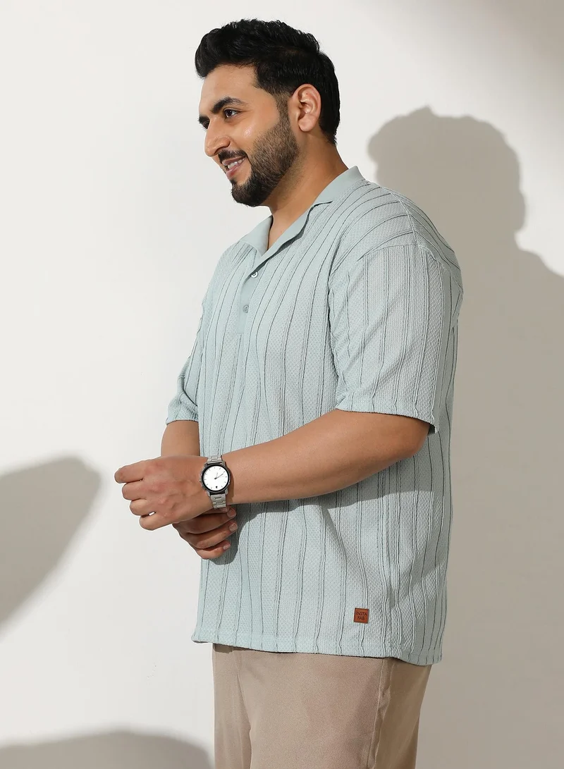 Instafab Plus Men Wicker-Tactile Polo T-Shirt | Cuban-Polo Neck, Short Regular Sleeves | Half-Button, Straight Hem | Solid Jacquard Knitted Fabric For Casual & Daily | Mint Green