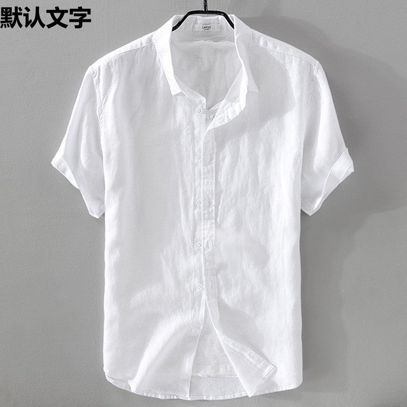 Breathable Pure Linen Shirt Men's Short-sleeved Loose Top Summer Wear Thin Lapel White Cotton Linen Shirt - Image 2