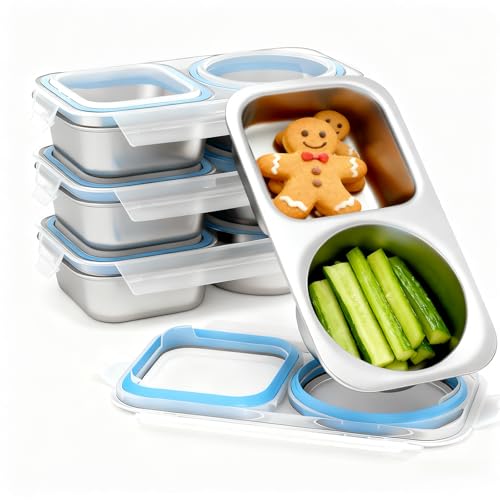 Bakpoco 4 Packs Stainless Steel Snack Containers For Kids Adults, 2 Compartment Reusable Metal Snack Boxes With Leak-Proof Lids, Compact Lunch Food Storage Container - Image 1