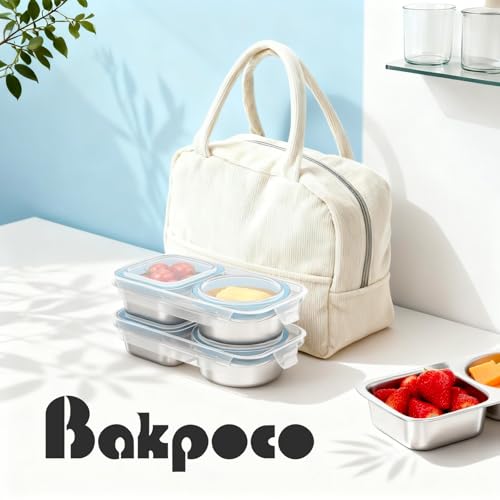 Bakpoco 4 Packs Stainless Steel Snack Containers For Kids Adults, 2 Compartment Reusable Metal Snack Boxes With Leak-Proof Lids, Compact Lunch Food Storage Container - Image 3