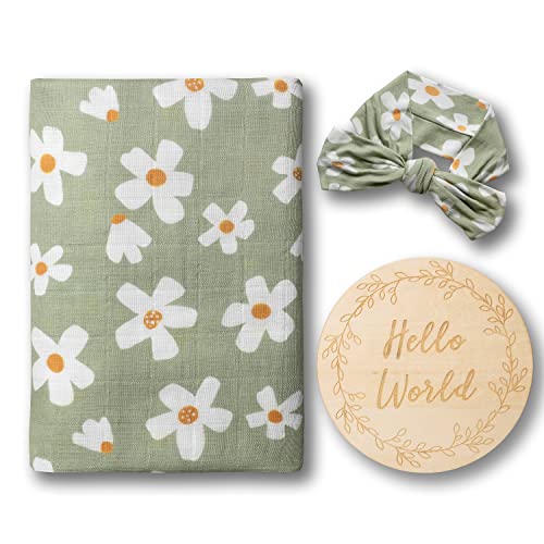 Miaoberry Daisy Garden Spring Floral Muslin Swaddle Set for Baby Girl100 Organic Cotton Blanket with Matching BowBoho Indie Vintage Sage GreenHospital Receiving Blanket - Image 1