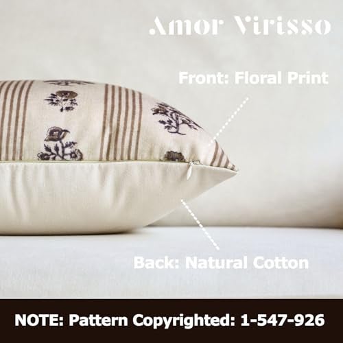 Amor Virisso Floral Throw Pillow Covers 22x22 Set of 2 Block Print Pillow Covers Neutral Floral Striped Farmhouse Decorative Pillow Covers for Sofa Couch Bed Brown - Image 3