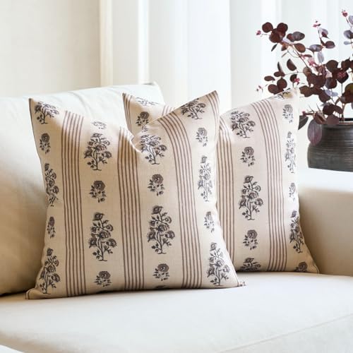 Amor Virisso Floral Throw Pillow Covers 22x22 Set of 2 Block Print Pillow Covers Neutral Floral Striped Farmhouse Decorative Pillow Covers for Sofa Couch Bed Brown - Image 1