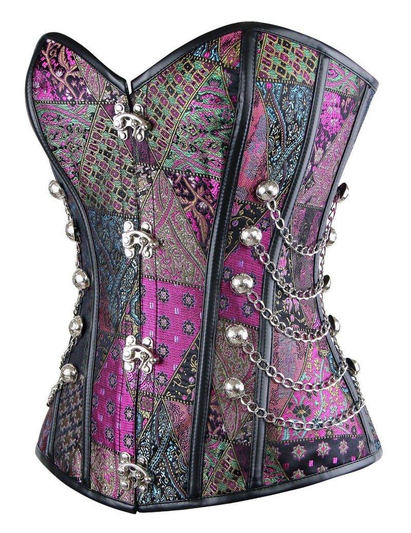Charmian Women's Steampunk Gothic Spiral Steel Boned Brocade Waist Cincher Overbust Corset with Chains Purple Medium - Image 3