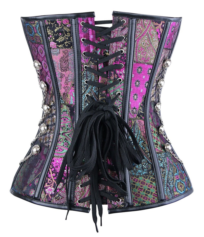 Charmian Women's Steampunk Gothic Spiral Steel Boned Brocade Waist Cincher Overbust Corset with Chains Purple Medium - Image 4