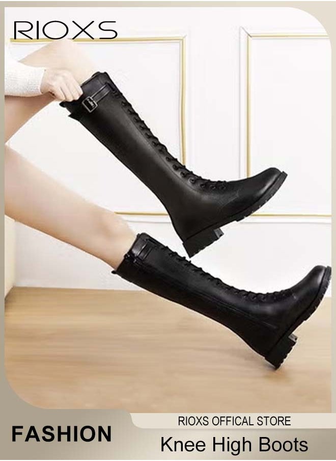 RIOXS Women's Knee High Boots, Ladies Classic Thigh High Boots, Side Zipper Lace-up Rider Boots with Adjustable Buckle, Long Tube Knee-Length Boots, Versatile Enough to Suit Various Occasions  - Image 2