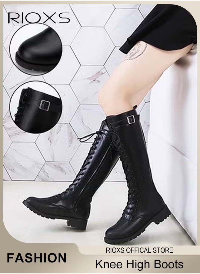 RIOXS Women's Knee High Boots, Ladies Classic Thigh High Boots, Side Zipper Lace-up Rider Boots with Adjustable Buckle, Long Tube Knee-Length Boots, Versatile Enough to Suit Various Occasions  - Image 1