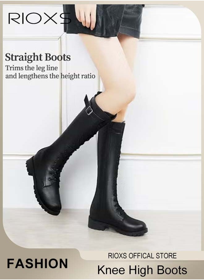 RIOXS Women's Knee High Boots, Ladies Classic Thigh High Boots, Side Zipper Lace-up Rider Boots with Adjustable Buckle, Long Tube Knee-Length Boots, Versatile Enough to Suit Various Occasions  - Image 3