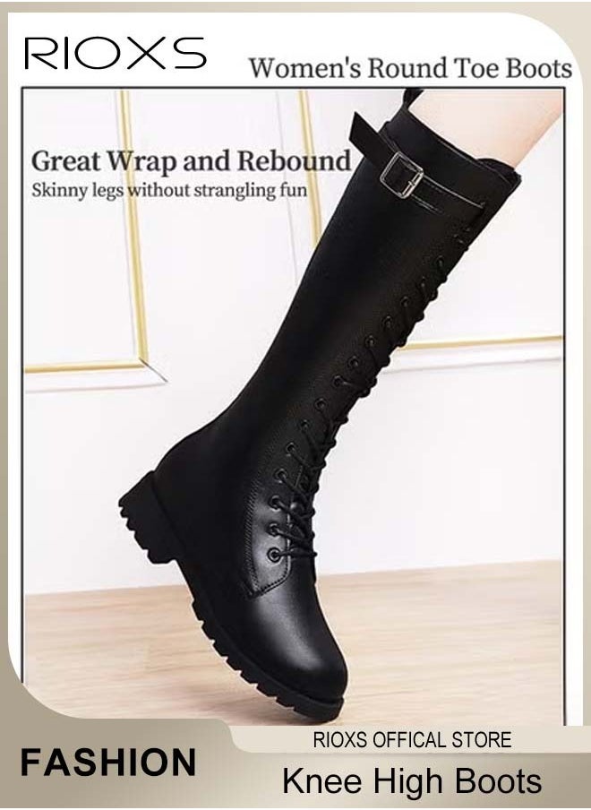 RIOXS Women's Knee High Boots, Ladies Classic Thigh High Boots, Side Zipper Lace-up Rider Boots with Adjustable Buckle, Long Tube Knee-Length Boots, Versatile Enough to Suit Various Occasions  - Image 5