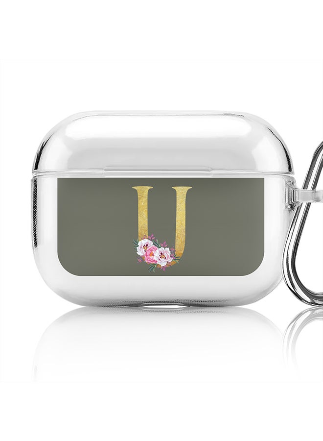 Stylizedd Classic Clear printed Case for Apple Airpods Pro Soft TPU Gel Thin Transparent Flexible Cover - Custom Monogram Initial Letter Floral Pattern Alphabet - U (Olive Green ) - Image 1