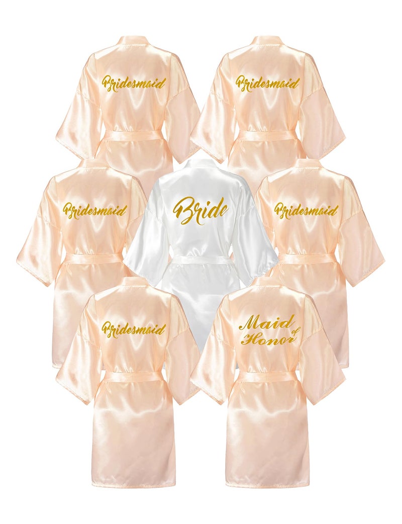 EPLAZA 7 Pcs Bride Bridesmaid Robes for Wedding Bridal Party Women Short Silky Satin Robe Kimono with Gold Glitters (White+Champagne) - Image 1