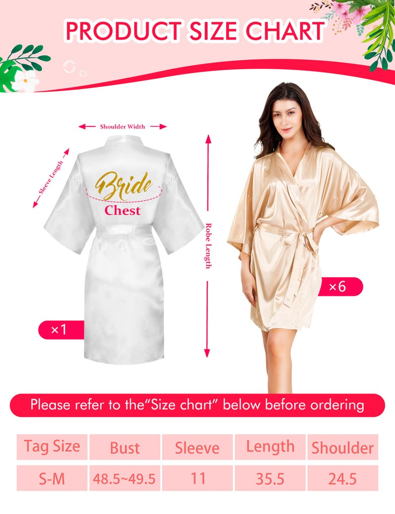 EPLAZA 7 Pcs Bride Bridesmaid Robes for Wedding Bridal Party Women Short Silky Satin Robe Kimono with Gold Glitters (White+Champagne) - Image 2