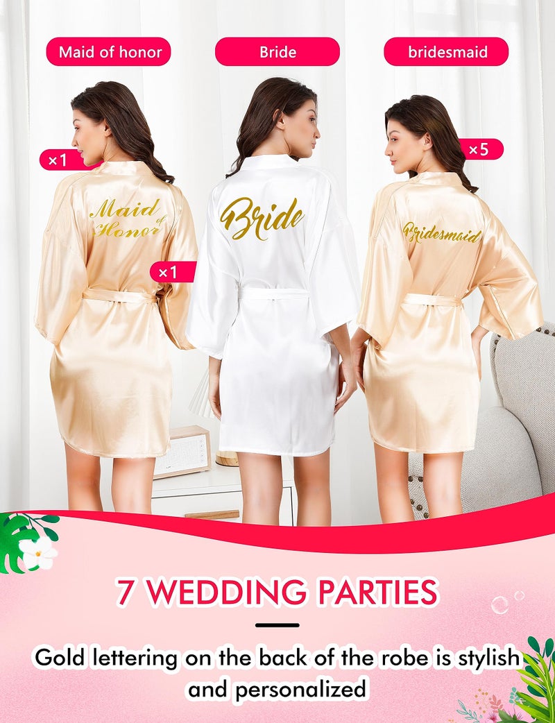 EPLAZA 7 Pcs Bride Bridesmaid Robes for Wedding Bridal Party Women Short Silky Satin Robe Kimono with Gold Glitters (White+Champagne) - Image 3
