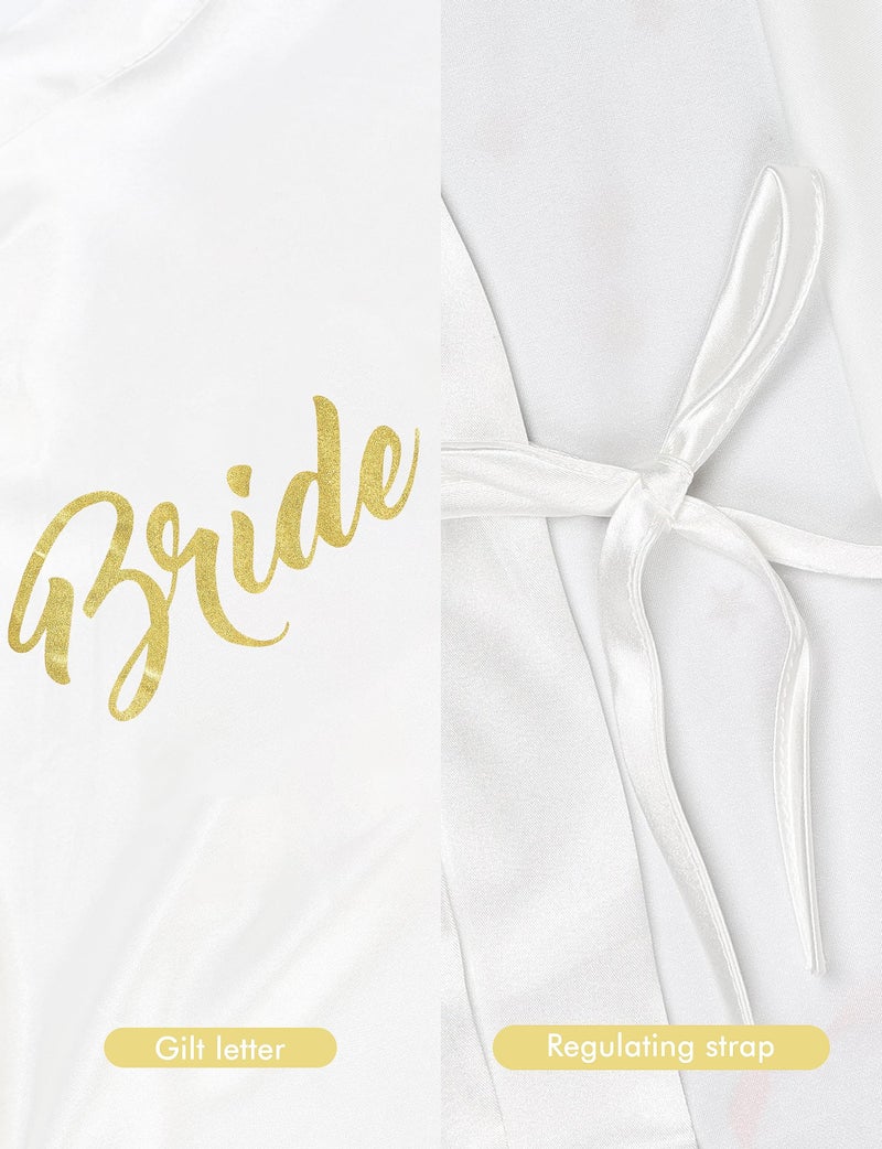 EPLAZA 7 Pcs Bride Bridesmaid Robes for Wedding Bridal Party Women Short Silky Satin Robe Kimono with Gold Glitters (White+Champagne) - Image 5