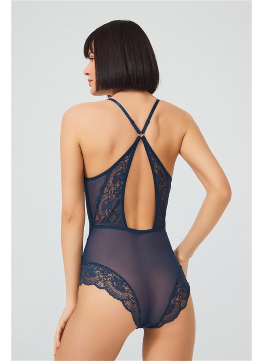 COTTONHILL - Petrol Green Snap Fastener Lace Transparent Back Cross Rope Bodysuit - Image 1