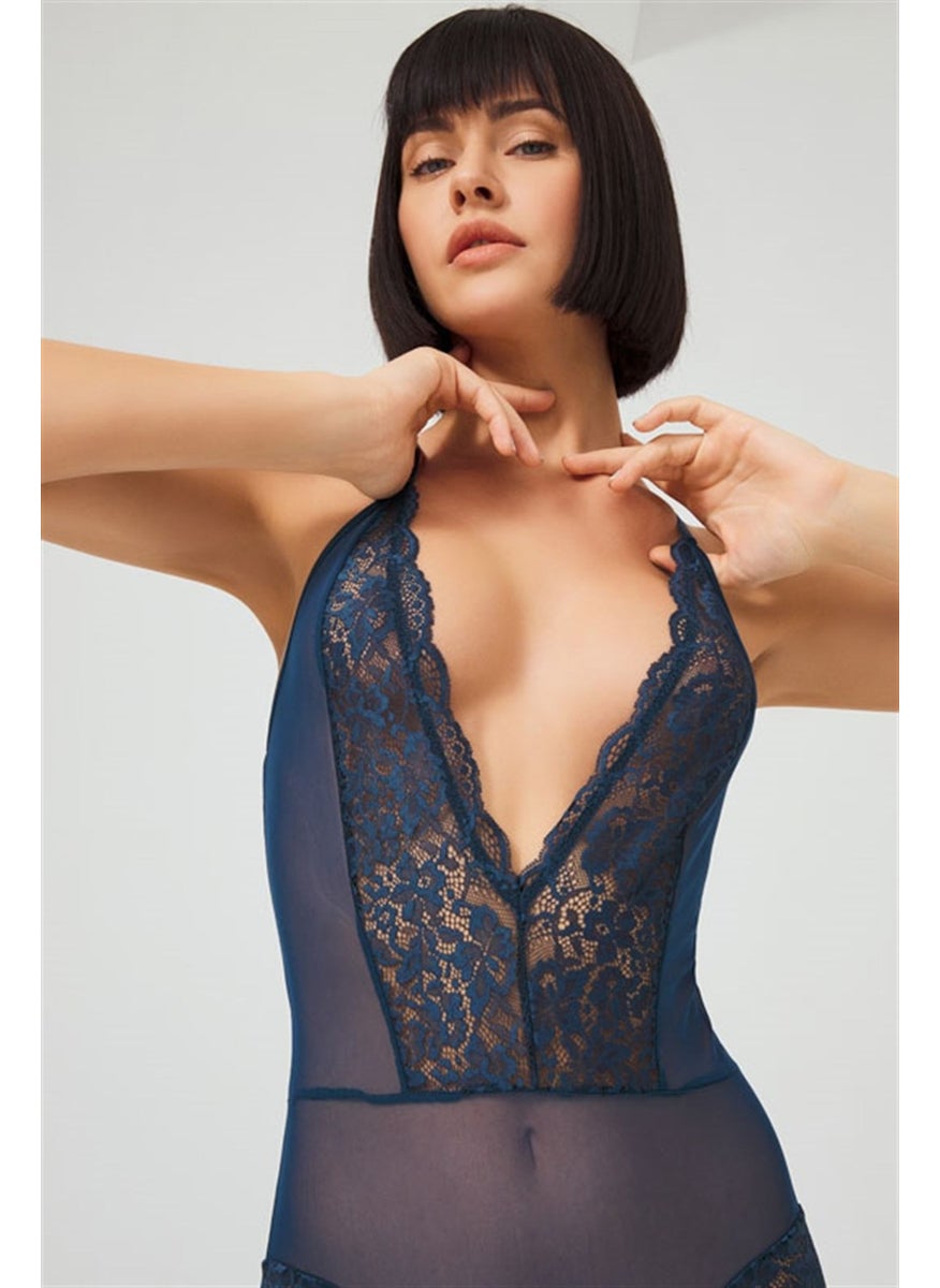 COTTONHILL - Petrol Green Snap Fastener Lace Transparent Back Cross Rope Bodysuit - Image 1