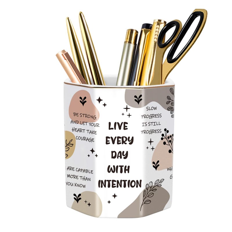 WAVEYU Cute Pen Holder for Desk, Ceramic Pencil Holder, Makeup Brush Holders, Desktop Stationery Organizer for School Students Office Women Teens Girls Boys, Words - Image 1