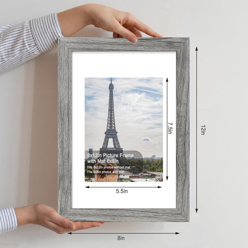 Hongkee 8x12 Picture Frame Set of 4  Made of Glass and Grey Wooden Frame - Display 6x8 Picture with Mat or 8 x 12 Poster Without Mat  8 by 12 Photo for Wall or Tabletop - Image 2