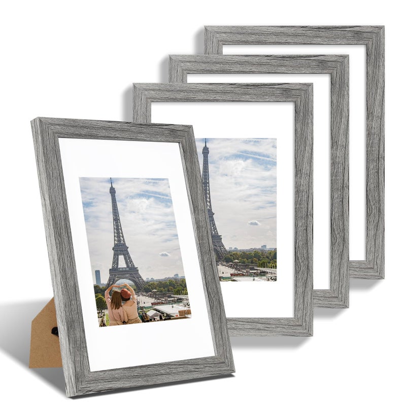 Hongkee 8x12 Picture Frame Set of 4  Made of Glass and Grey Wooden Frame - Display 6x8 Picture with Mat or 8 x 12 Poster Without Mat  8 by 12 Photo for Wall or Tabletop - Image 1