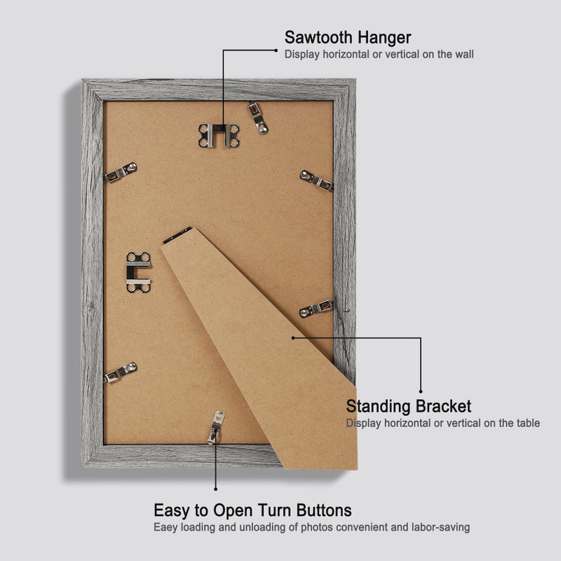Hongkee 8x12 Picture Frame Set of 4  Made of Glass and Grey Wooden Frame - Display 6x8 Picture with Mat or 8 x 12 Poster Without Mat  8 by 12 Photo for Wall or Tabletop - Image 3