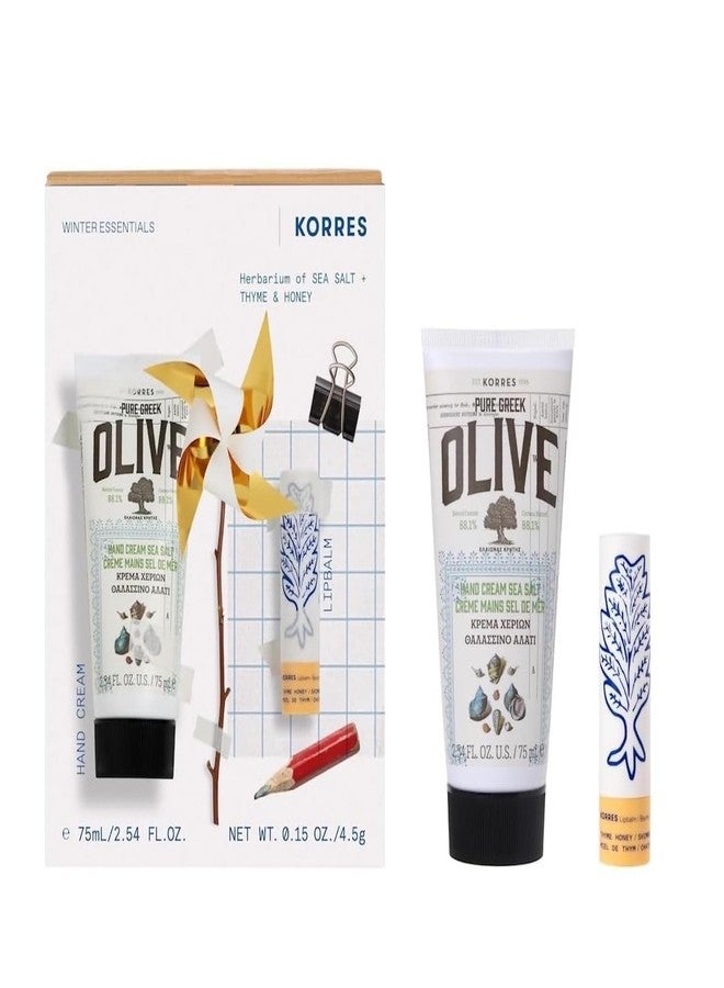 KORRES Winter Gift, Moisturizing Botanical Duo For Soft Skin, Hand & Lip Care Set With Olive Sea Salt Cream 2.54 Fl Oz And Thyme Honey Balm 0.15 Oz - Image 1